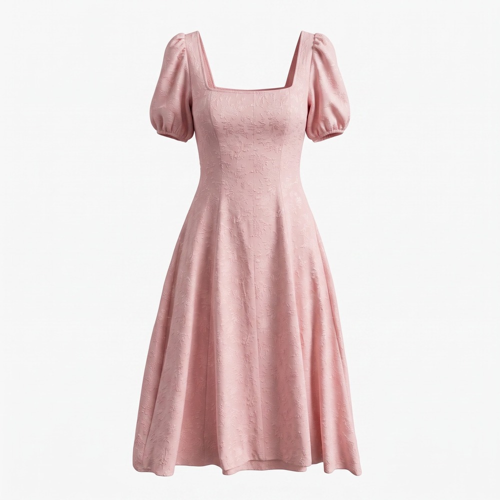 Marthea S Pink Floral‎ Jacquard Puff Sleeve Midi Dress Coquette Regencycore